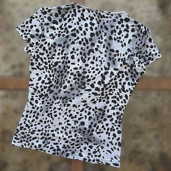 Bailey black & white cheetah print short sleep faux wrap blouse size M - Picture 6 of 11